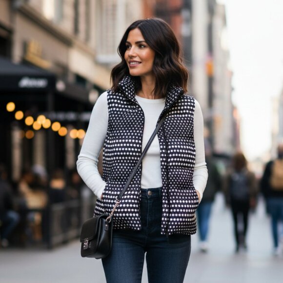 Talbots Jackets & Blazers - Talbots Petites Black & White Polka Dot Feather-Filled Puffer Vest, Size SP